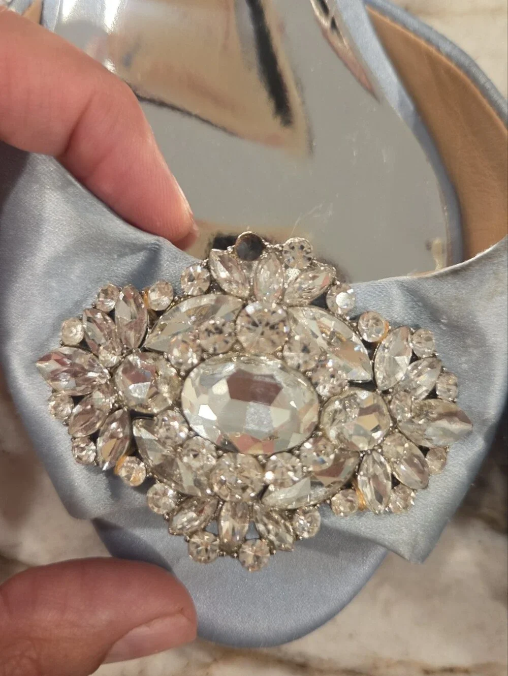 Badgley Mischka Silver Satin Crystal-Embellished Ankle-Strap Heels